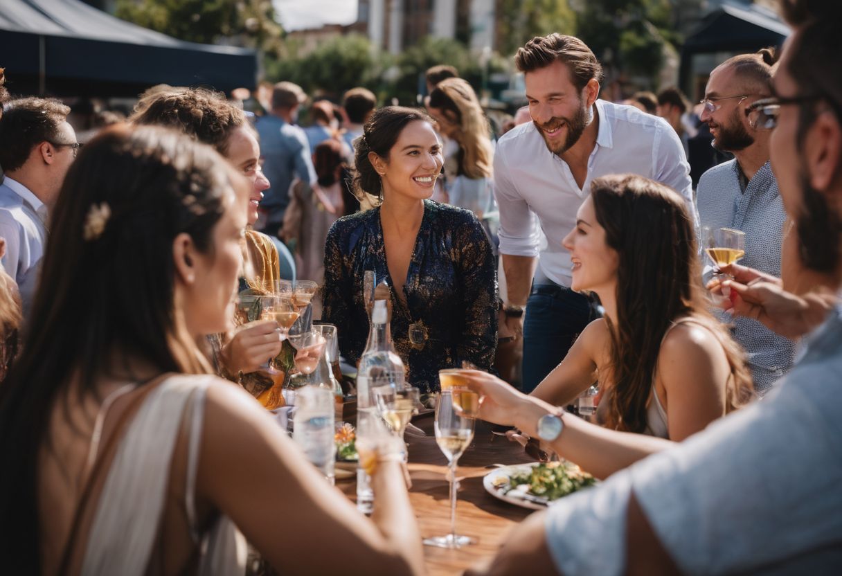 Een gevarieerde groep mensen die ideeën uitwisselen op een levendig cultureel evenement.