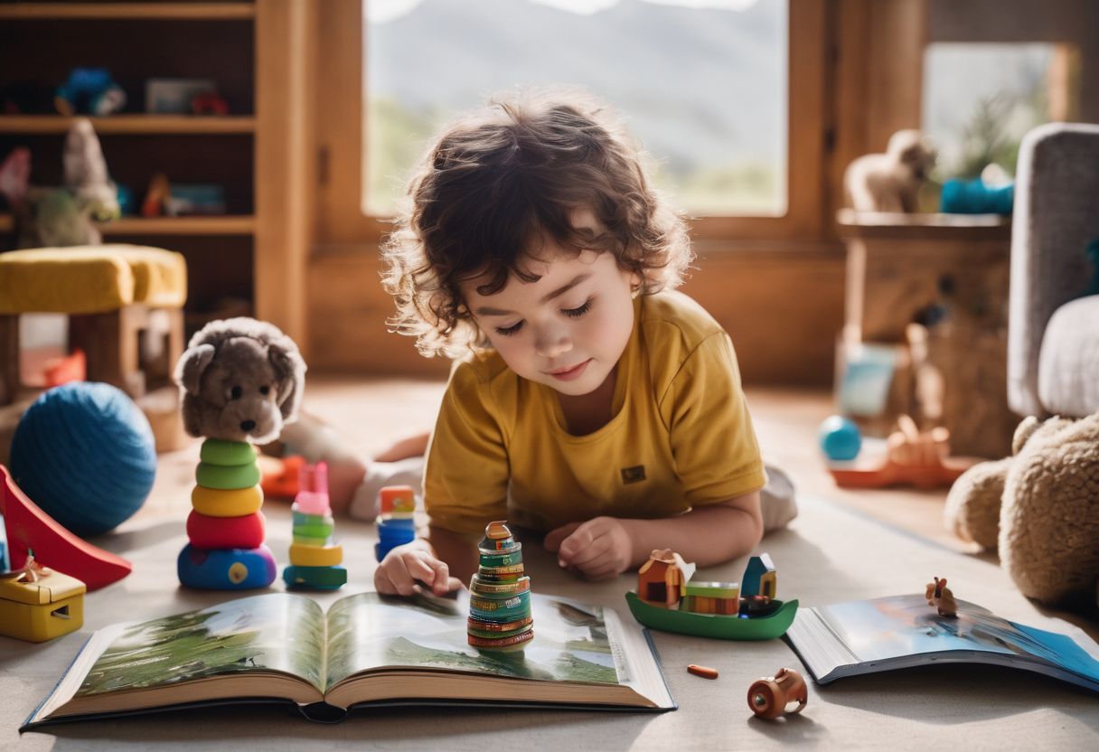 Een kleurrijk kinderboek omringd door speelgoed en educatief materiaal.