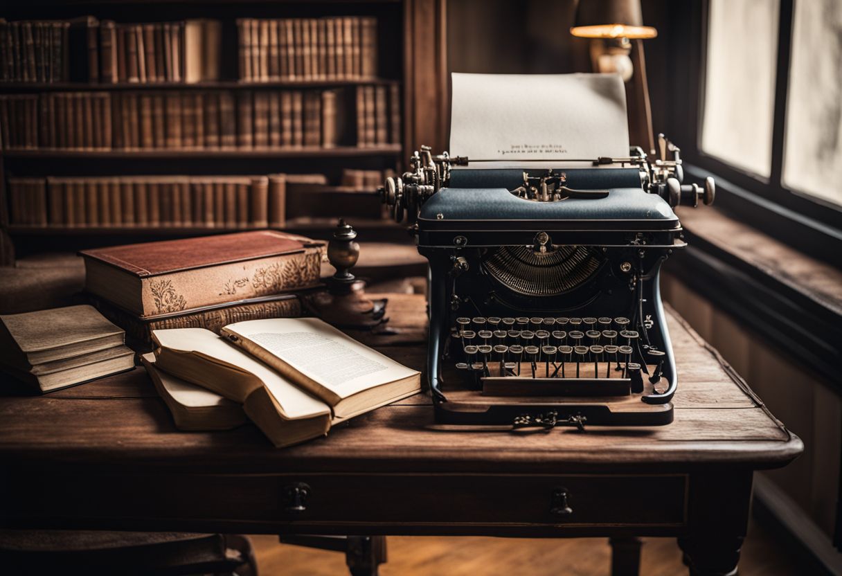 Een vintage typemachine op een houten bureau, omringd door klassieke boeken.