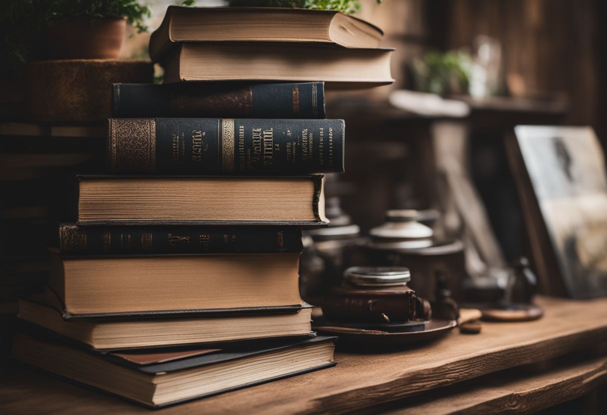 Een stapel populaire boeken op een rustieke houten tafel in een gezellige leeshoek.