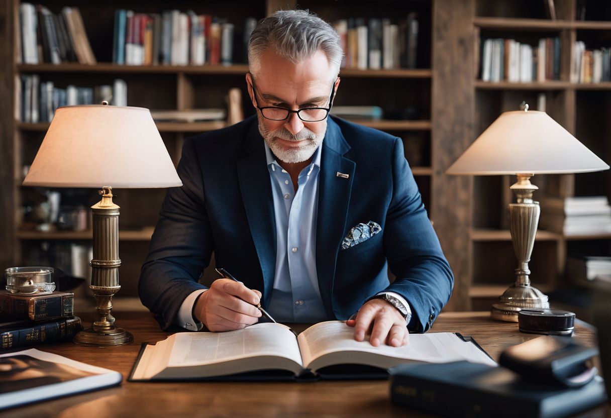 Een zakenman leest een collectie zakelijke boeken in zijn gezellige thuiskantoor.