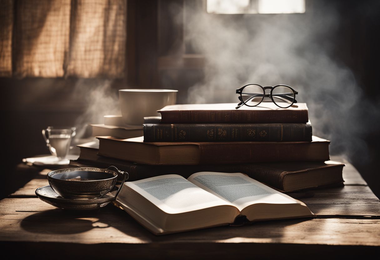 Een stapel boeken, leesbrillen en koffie op tafel, Still Life fotografie.