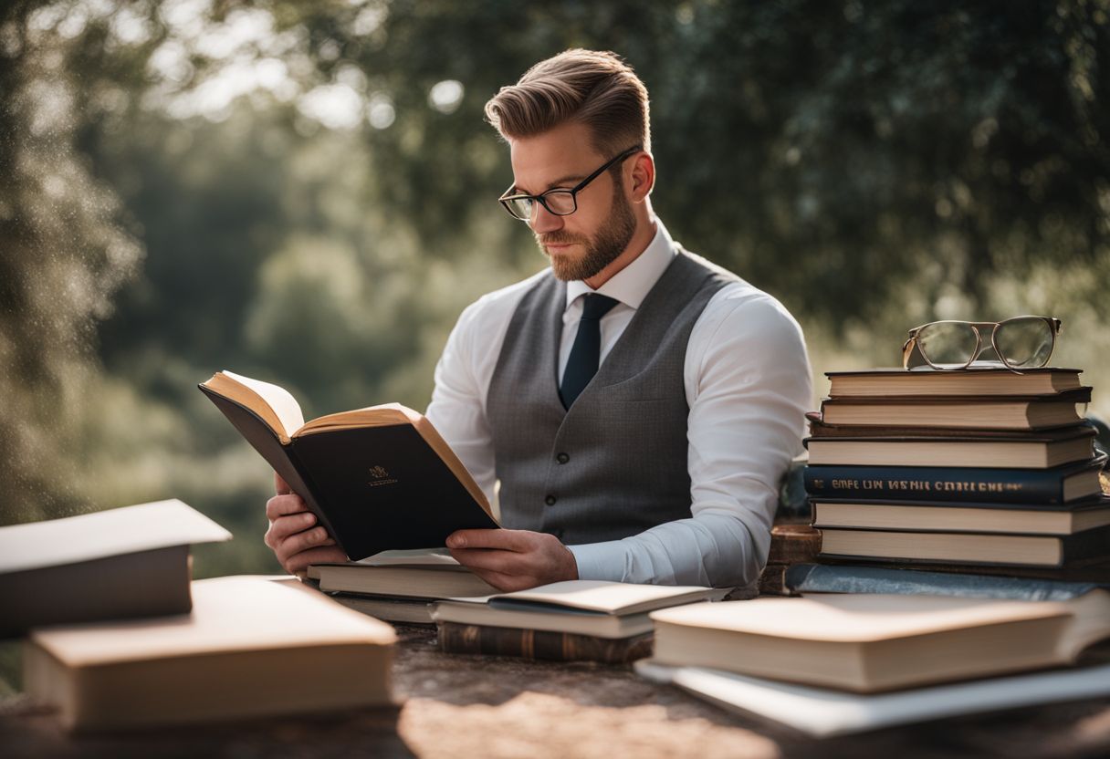 Een bedrijfseigenaar leest essentiële boeken in een gezellige buitenomgeving.