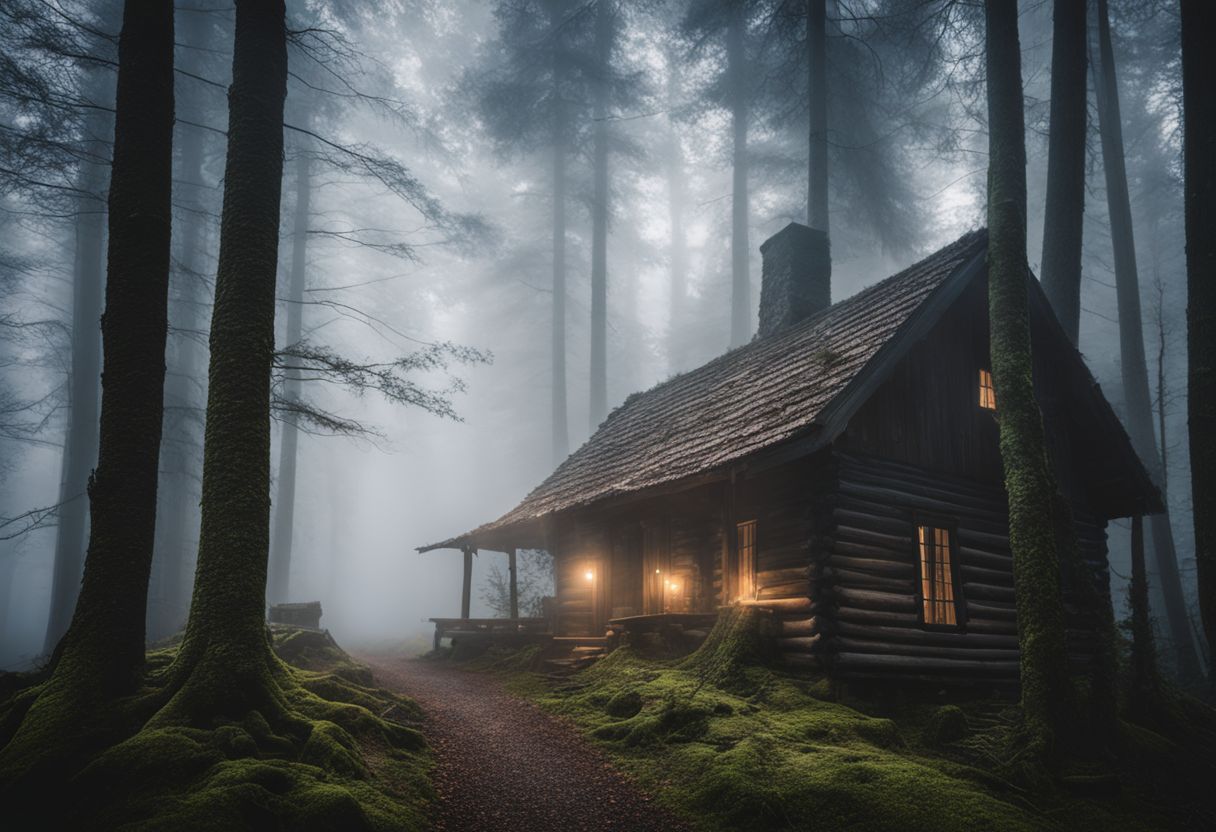 Een mysterieus bos met een afgelegen hut omgeven door mist.