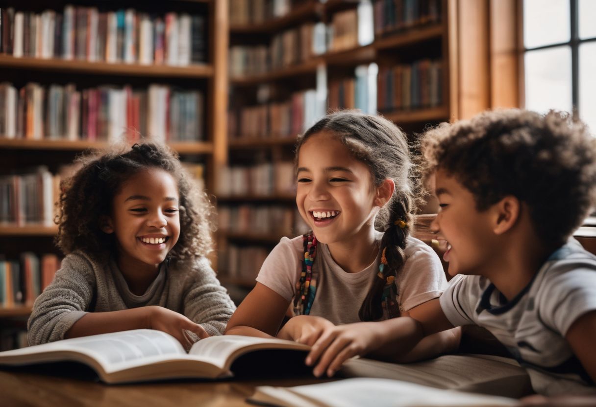 Een groep kinderen leest en lacht in een gezellige bibliotheek omringd door kleurrijke boeken.