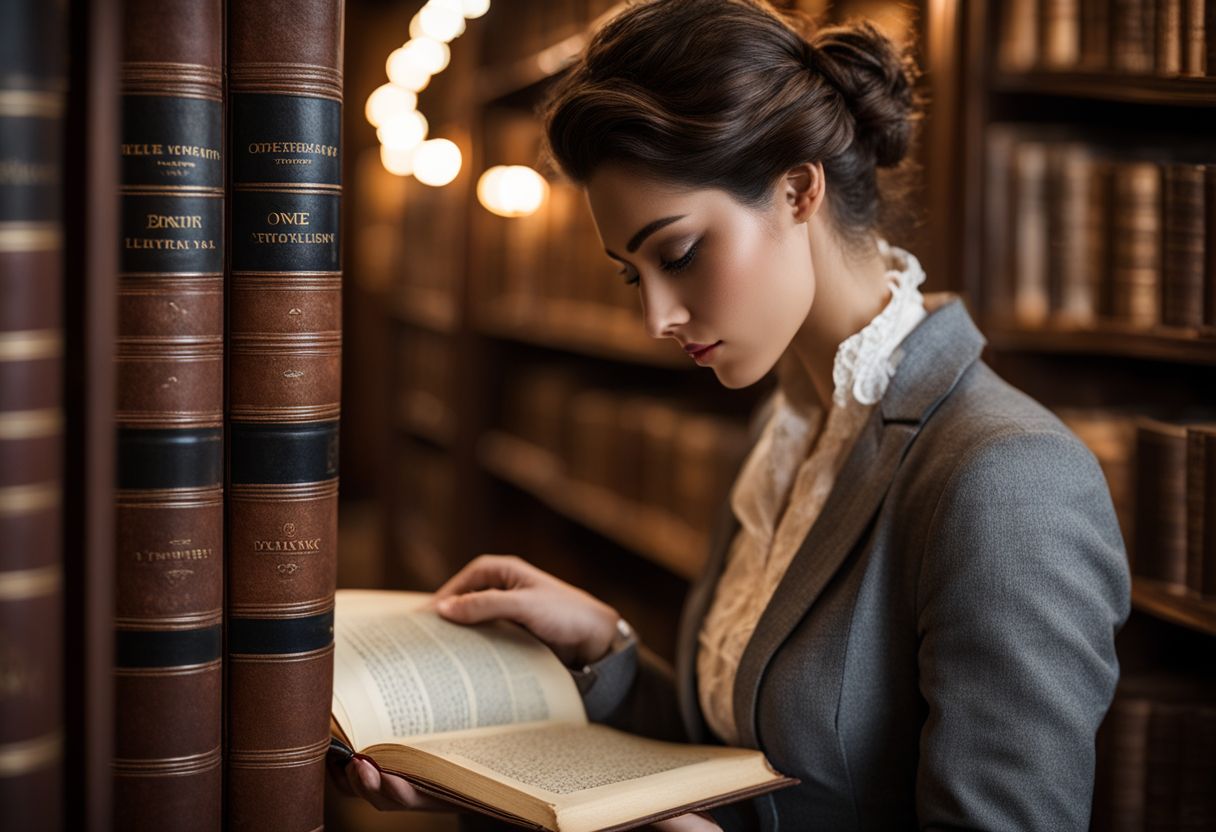 Een persoon leest in een oude bibliotheek.