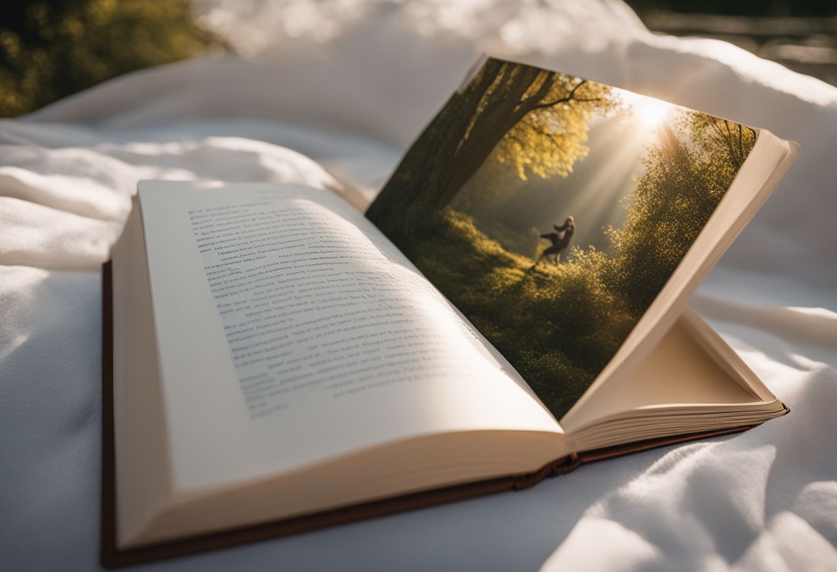 Een open boek omringd door rustgevende natuur met diverse gezichten en kapsels.