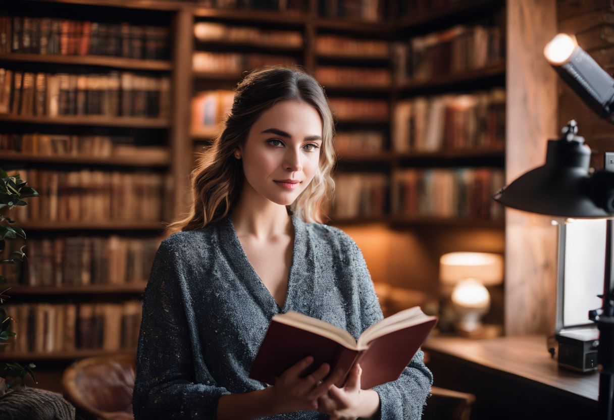 Een jonge vrouw maakt een BookTok-video in een gezellige boekhoek.